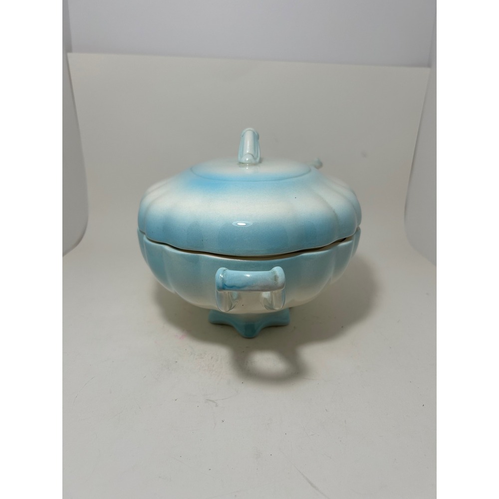 Vintage Scalloped Ceramic Soup Tureen with Lid and Ladle Blue White Ombre 11.5in - Picture 7 of 13